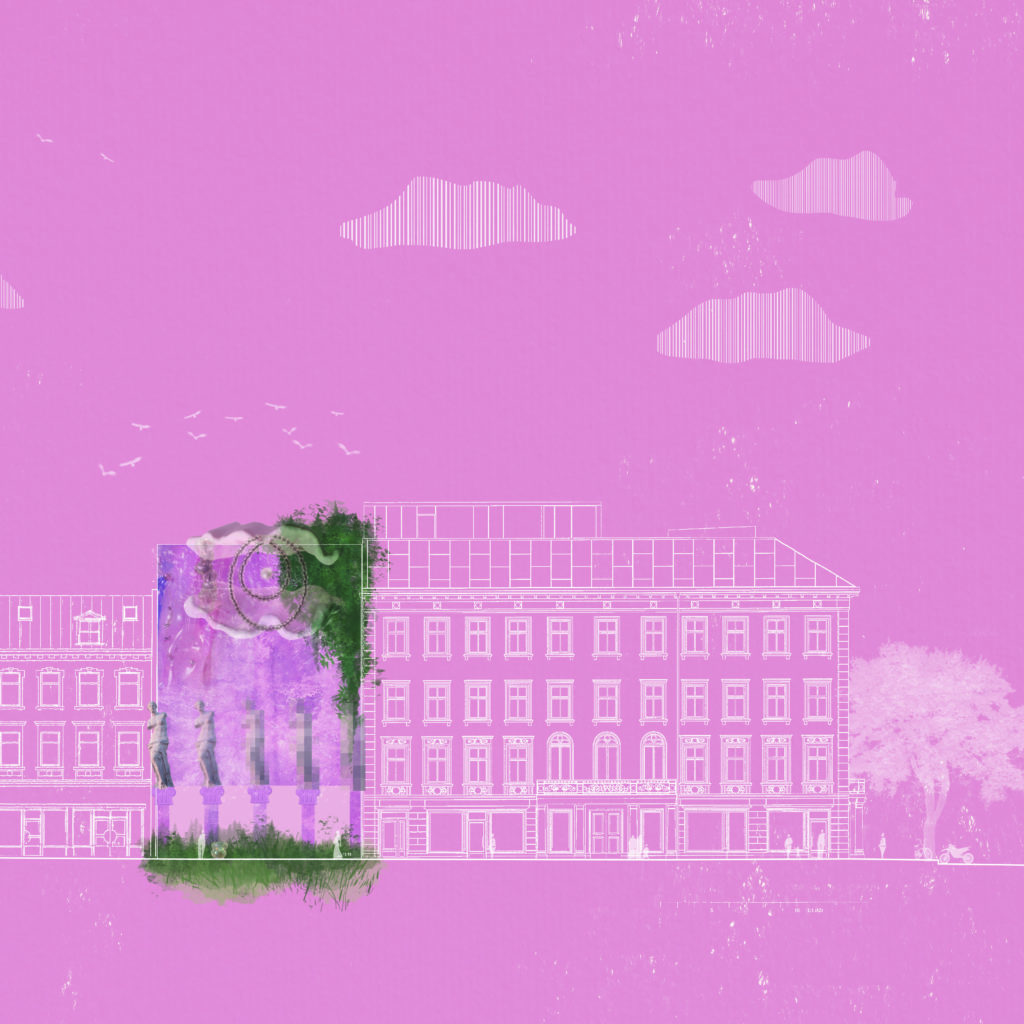 Image showing the speculative facade. The background is pink, the lines of the drawing are white. 

© Johanna Asplund, 2021
