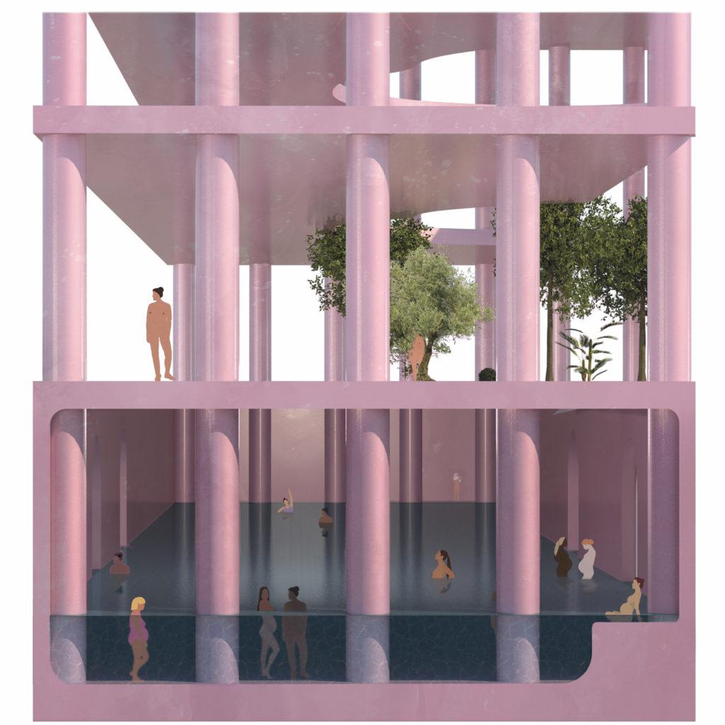 Elevation view from south of A P(a)lace for birth, showing the public plaza, hidden bath, secret spaces & intimacy and bodies. 

The birth center A P(a)lace for birth is a contemporary secret room.  

© Johanna Asplund, 2021